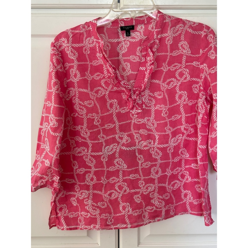 Talbots Petites Pink White Nautical Rope Print Ruffle V-Neck Blouse MP Pink